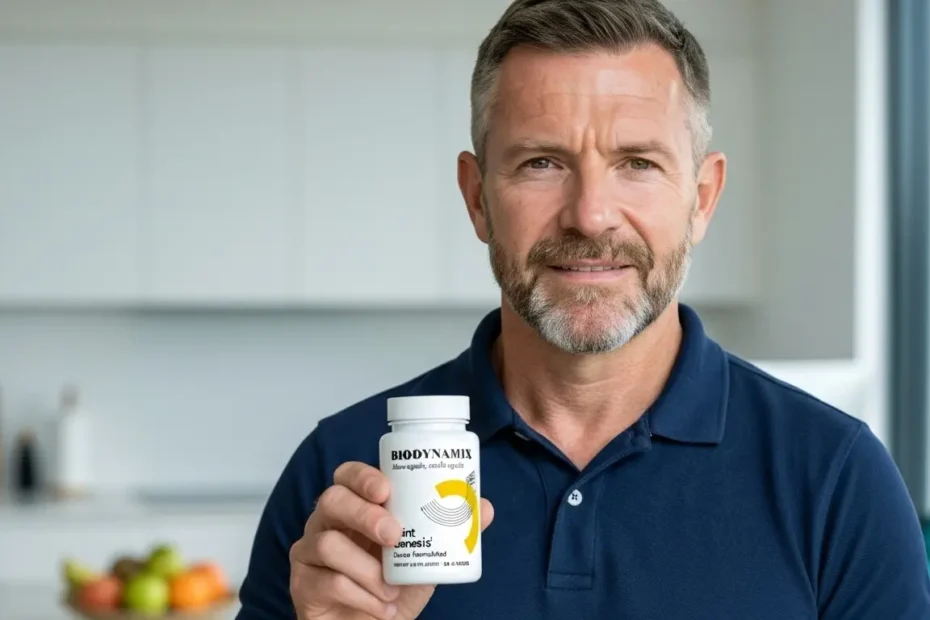 Joint Genesis Review – Author holding Joint Genesis bottle in modern kitchen setting