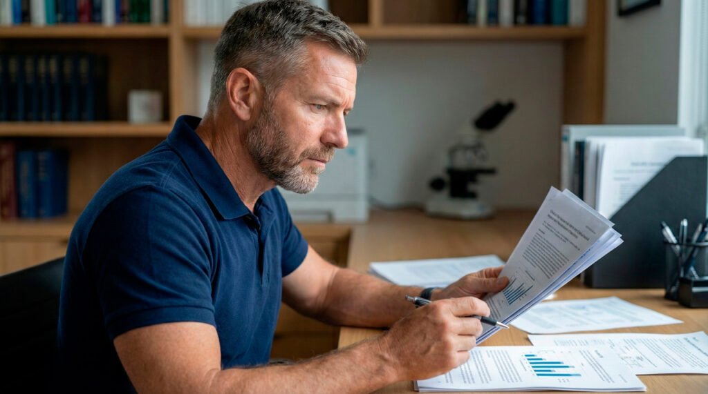 Mark Henderson performing a supplement dosage audit to cross-reference label claims with clinical data