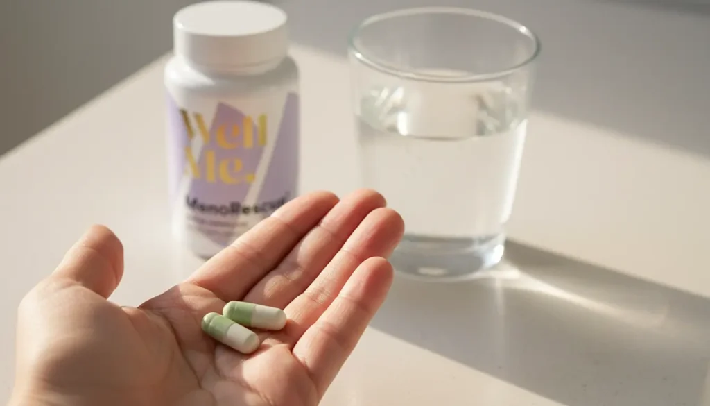 MenoRescue dosage – two daily capsules shown with glass of water for proper intake
