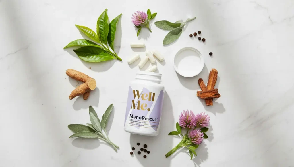 MenoRescue ingredients including Sensoril ashwagandha, sage, Rhodiola, and green tea displayed with supplement bottle
