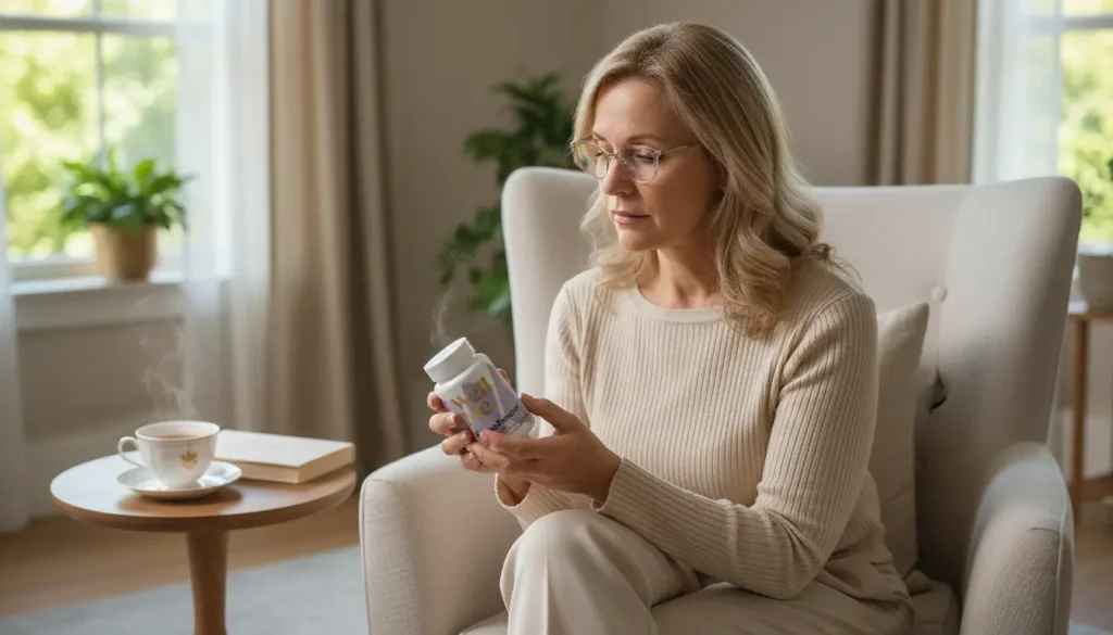 Woman reviewing MenoRescue side effects and safety information on supplement bottle label