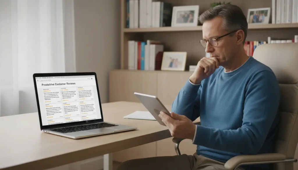 Man researching ProstaVive complaints and customer reviews on laptop and tablet