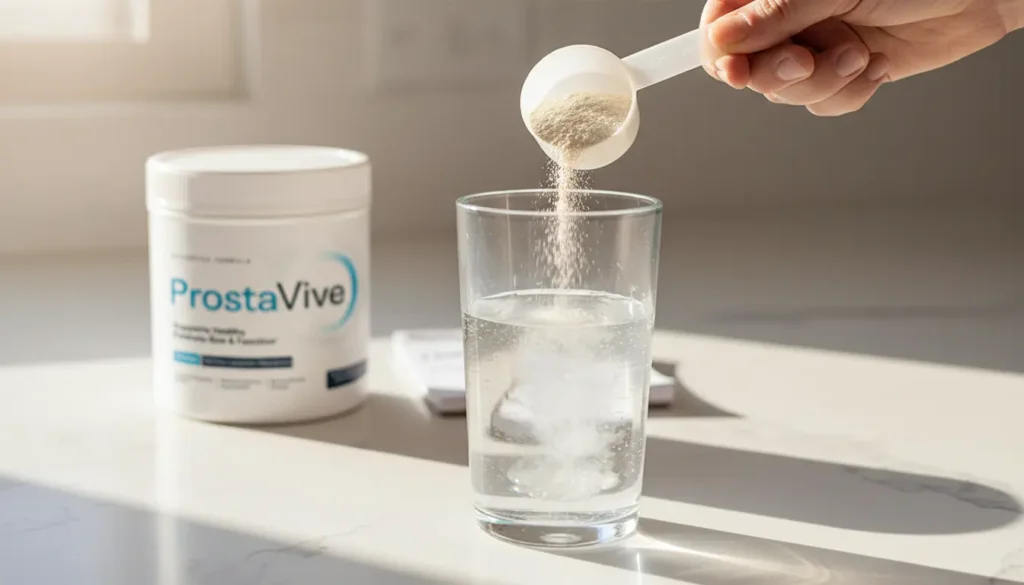 ProstaVive dosage – daily powder scoop being mixed with water for proper intake