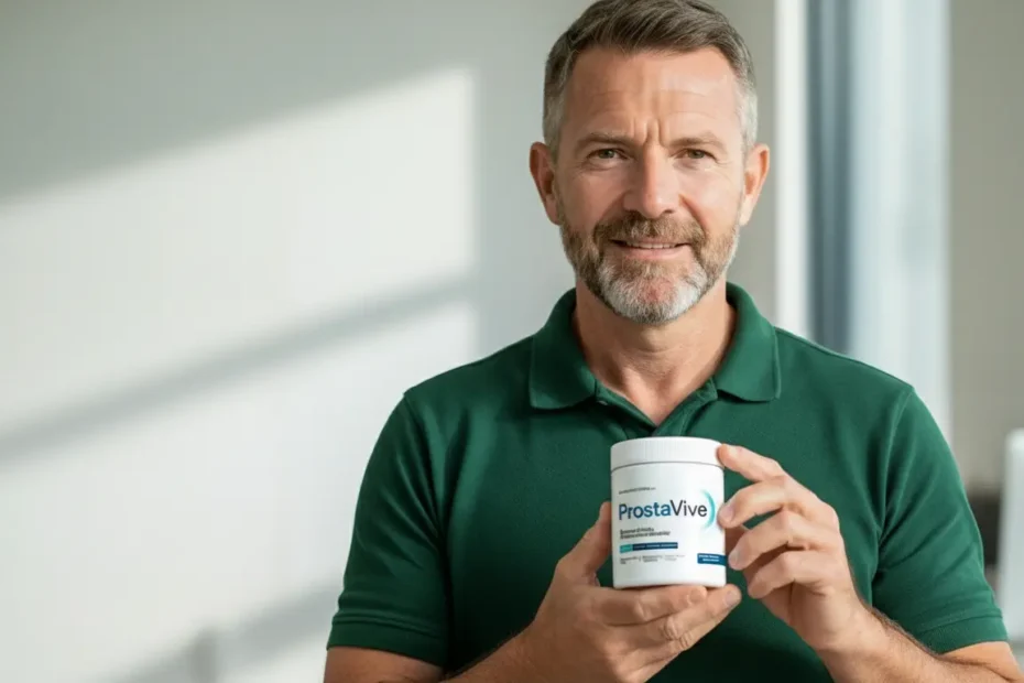 ProstaVive Review – Author holding ProstaVive bottle in modern bathroom morning setting