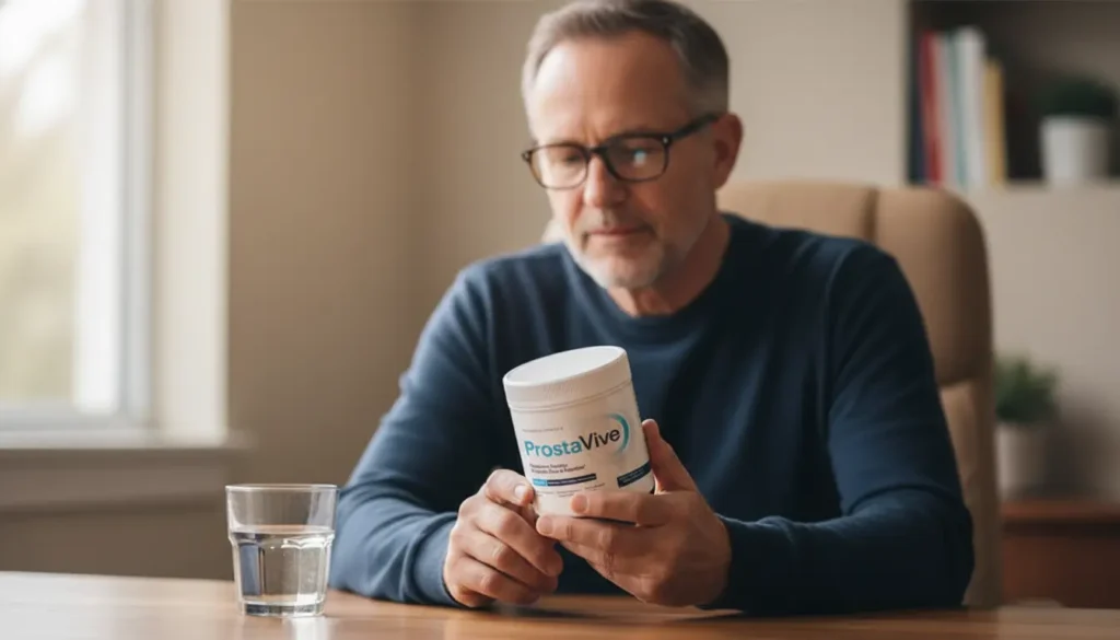 Man reviewing ProstaVive side effects and safety information on supplement container label