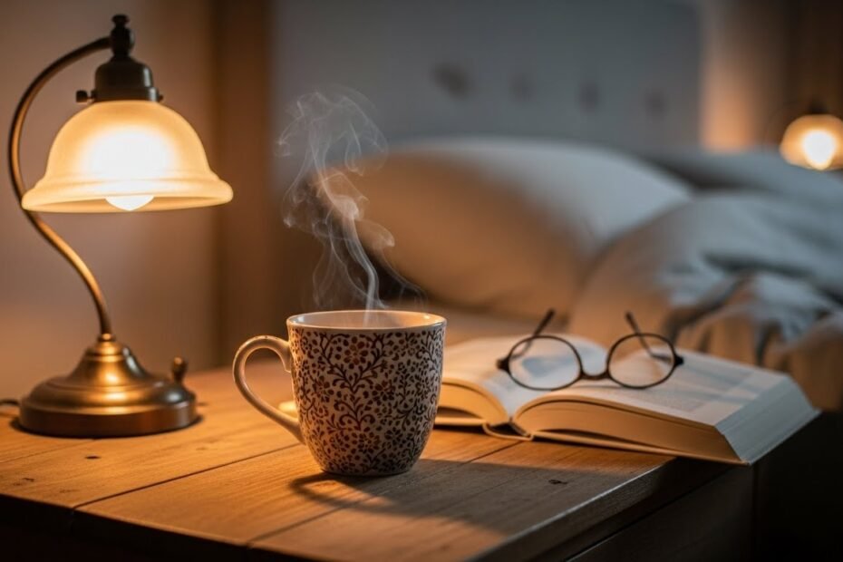 A comforting cup of tea for sleep on a nightstand, representing a natural remedy for rest