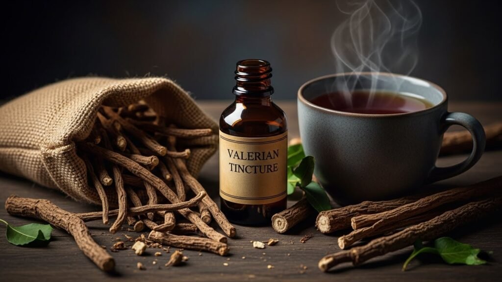 Dried valerian root and prepared tea, a potent natural remedy for promoting deeper sleep