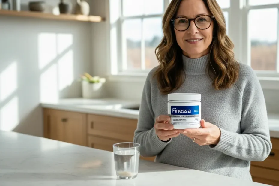 Finessa Review – Author displaying Finessa digestive health supplement bottle