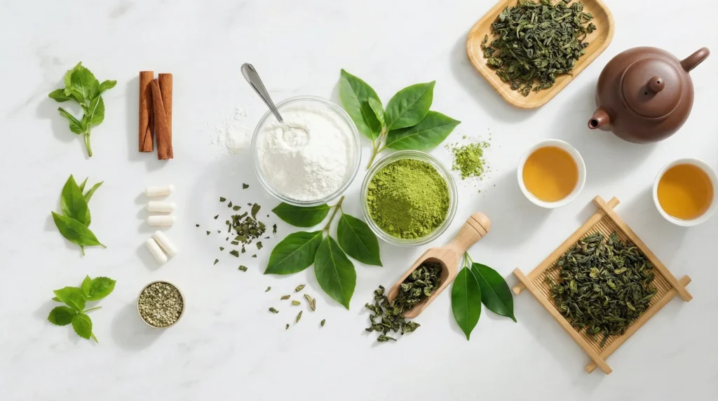 Gluco6 ingredients including cinnamon, chromium, gymnema, and green tea for blood sugar support