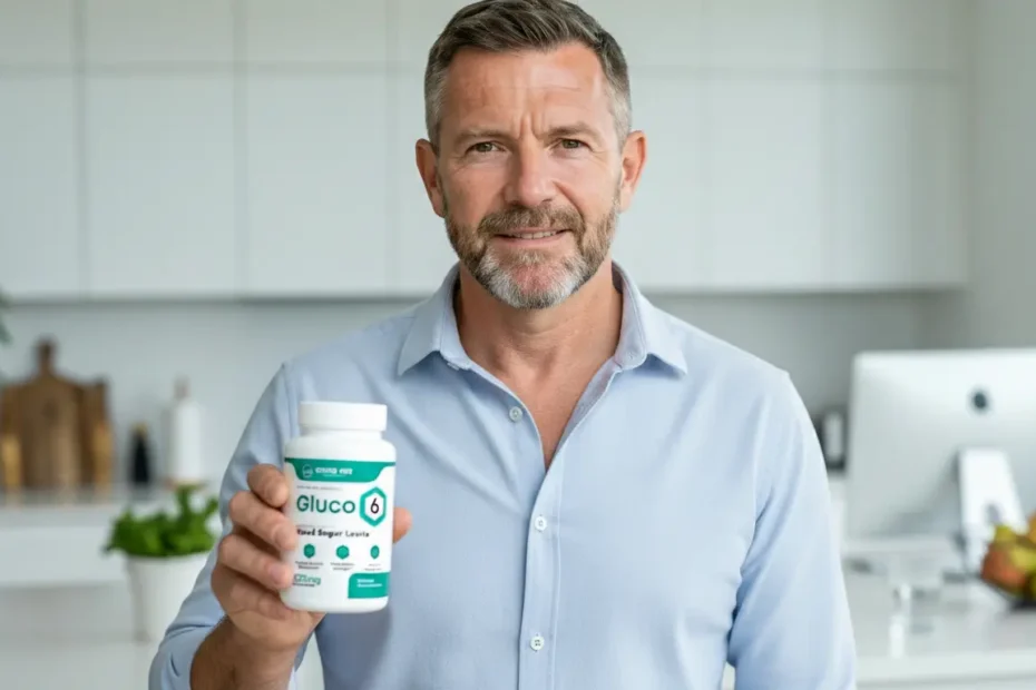 Gluco6 Review - Health blogger displaying Gluco6 blood sugar support supplement bottle