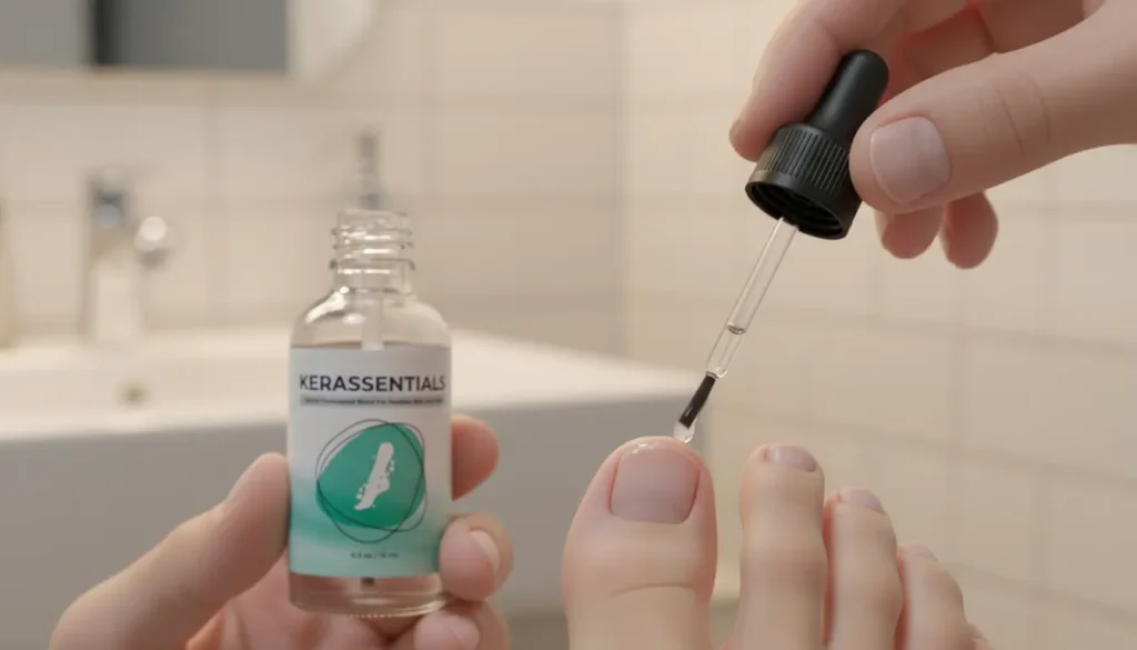 Kerassentials does it work – user applying nail fungus oil with brush applicator for results