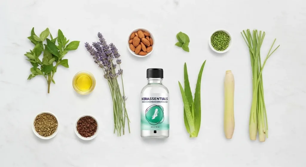 Kerassentials ingredients including tea tree oil, lavender, clove bud, and almond oil displayed with product bottle
