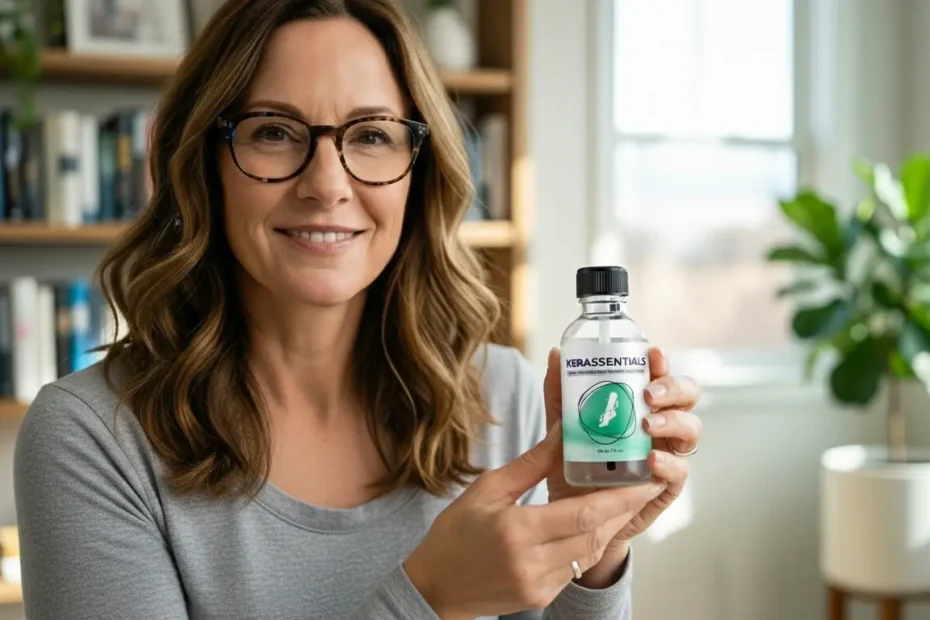 Kerassentials Review – Expert holding Kerassentials bottle for in-depth product analysis