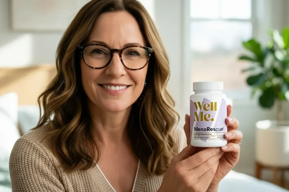 MenoRescue Review – Author holding MenoRescue bottle in calm morning bedroom setting