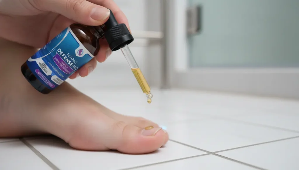 NanoDefense Pro Dosage - Proper application technique using liquid dropper on affected nail