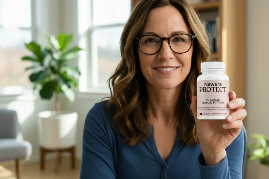 NewEra Protect Review - Woman holding NewEra Protect bladder support supplement bottle