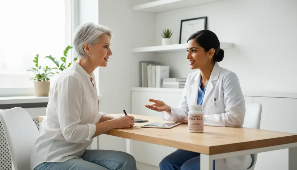 Woman consulting healthcare professional about NewEra Protect side effects and safety