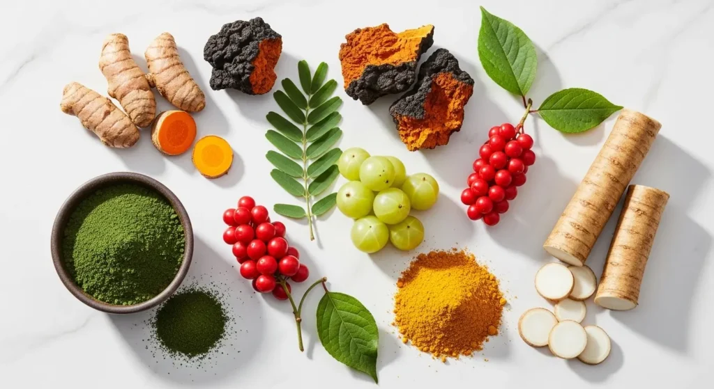 Pineal XT ingredients including chlorella, turmeric, chaga mushroom, and amla extract