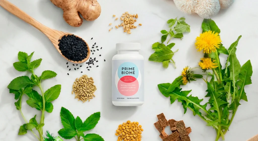 PrimeBiome ingredients - natural botanicals including ginger, lion's mane, dandelion, fennel