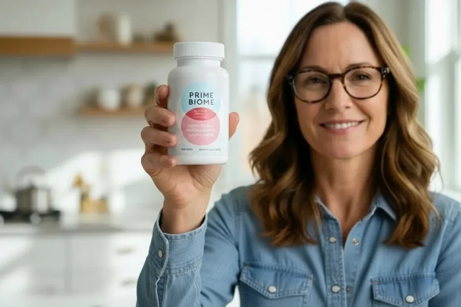 PrimeBiome Review - Woman holding PrimeBiome probiotic gummy bottle in kitchen