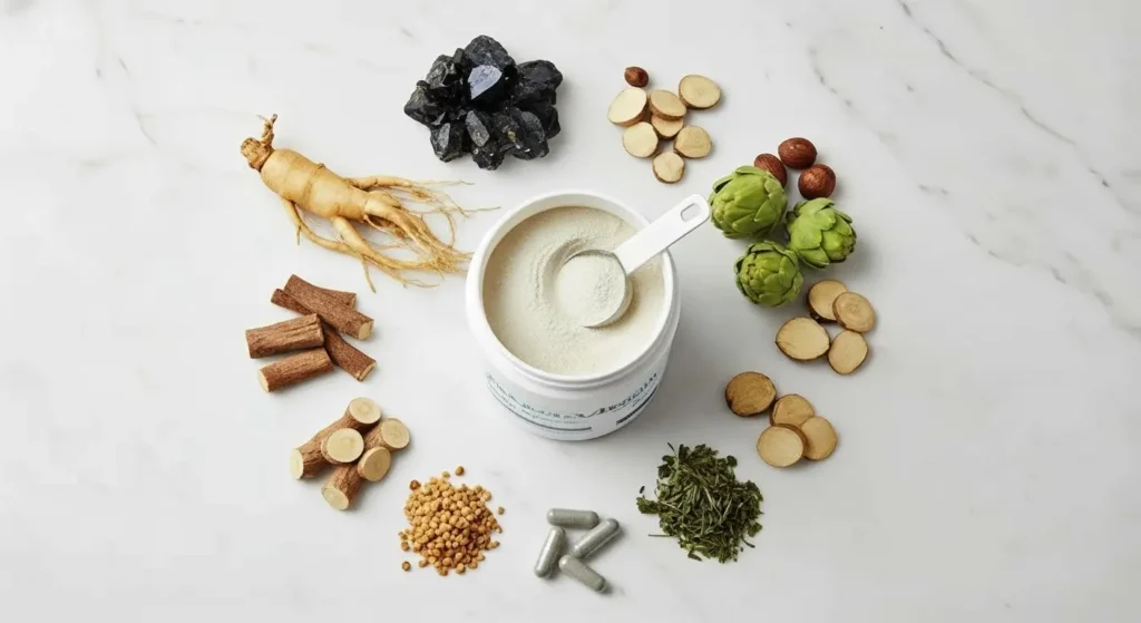 ProstaVive ingredients including Tongkat Ali, ashwagandha, ginseng, nettle root, and zinc displayed with supplement container