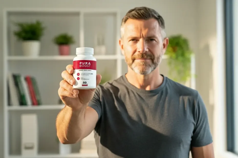 Pura Boost Review – Author holding Pura Boost supplement bottle in home office