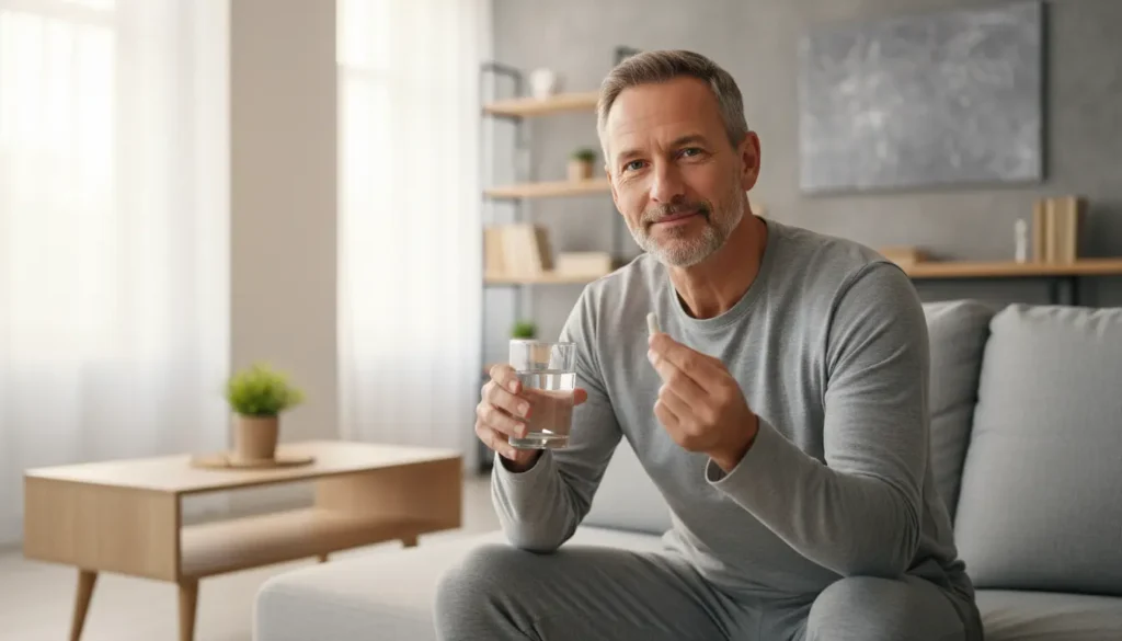 Healthy man taking Pura Boost supplement with water demonstrating side effects safety