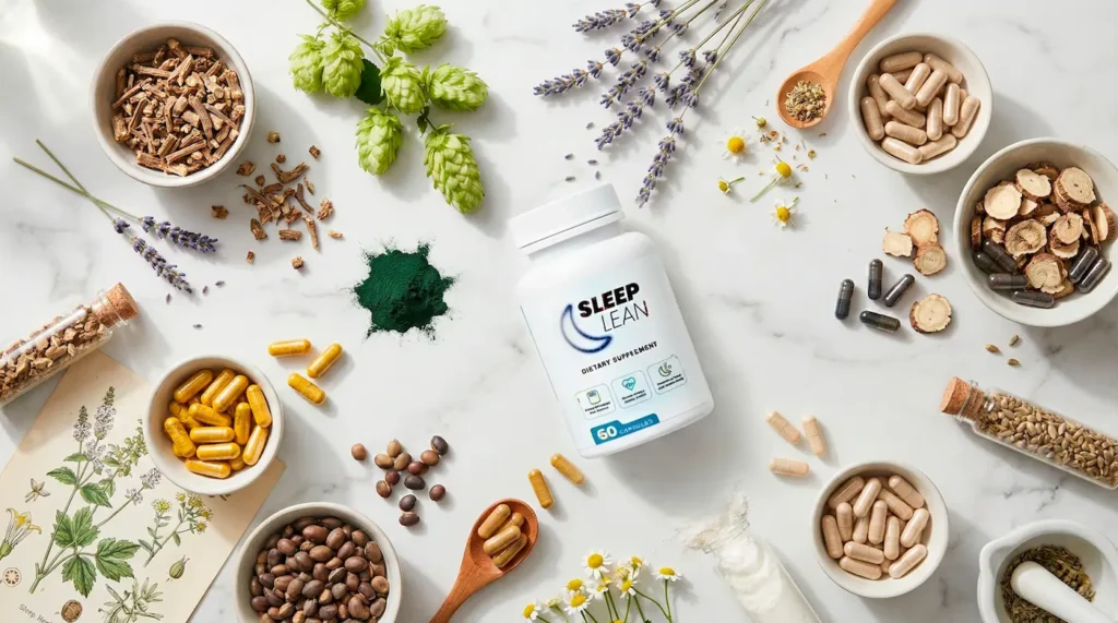 Sleep Lean ingredients including valerian root, hops, 5-HTP, and berberine