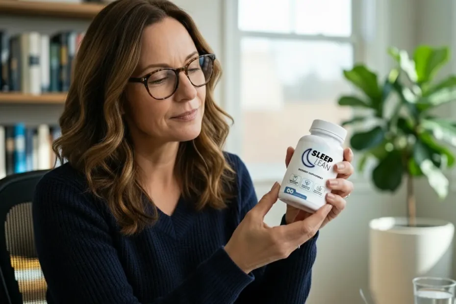 Sleep Lean Review - Blogger examining Sleep Lean supplement bottle