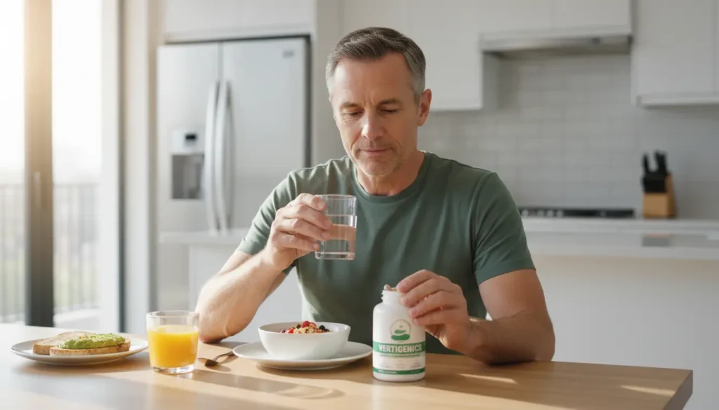 Vertigenics dosage - Man taking daily supplement capsules with water at breakfast