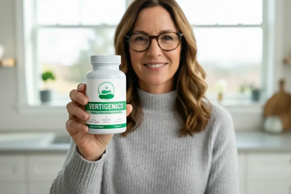 Vertigenics Review - Woman holding Vertigenics bottle in modern kitchen setting