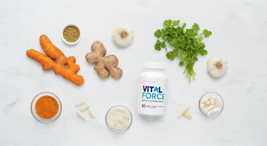 Vital Force ingredients including turmeric, ginger, garlic, and cilantro displayed on marble surface