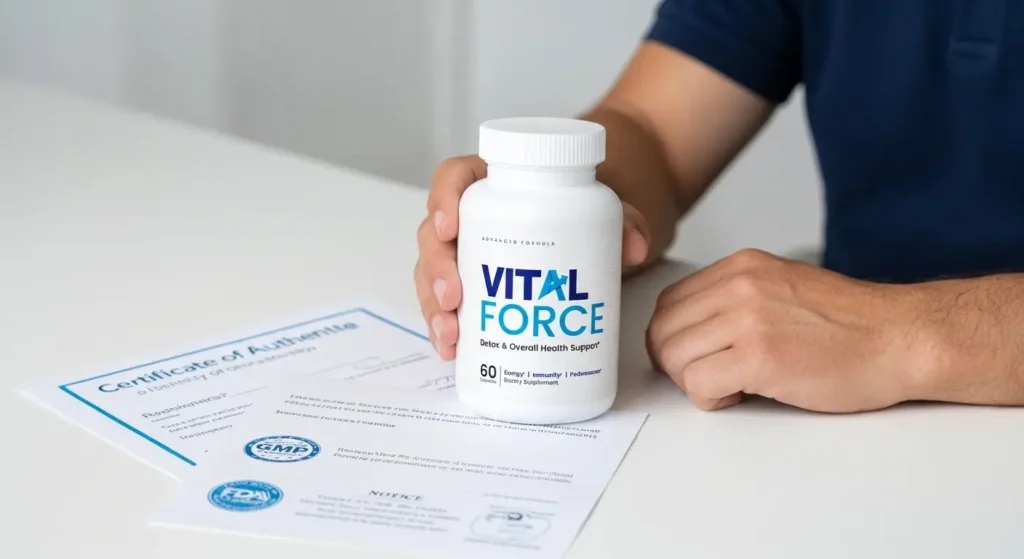 Vital Force scam check – showing authentic product with GMP certification and quality documents
