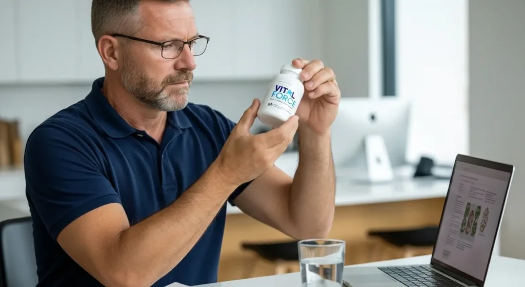 Man carefully reading Vital Force side effects and safety information on supplement label