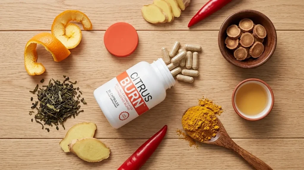 CitrusBurn ingredients — natural plant-based components including Seville orange peel, green tea, ginger, and berberine