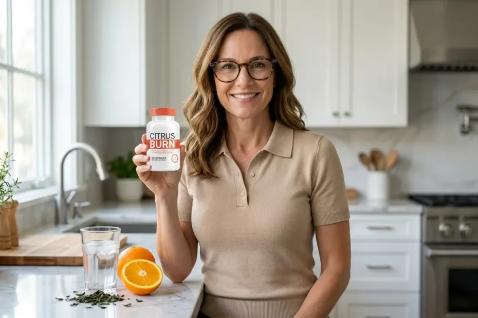 CitrusBurn Review — Author holding CitrusBurn bottle in a modern kitchen setting