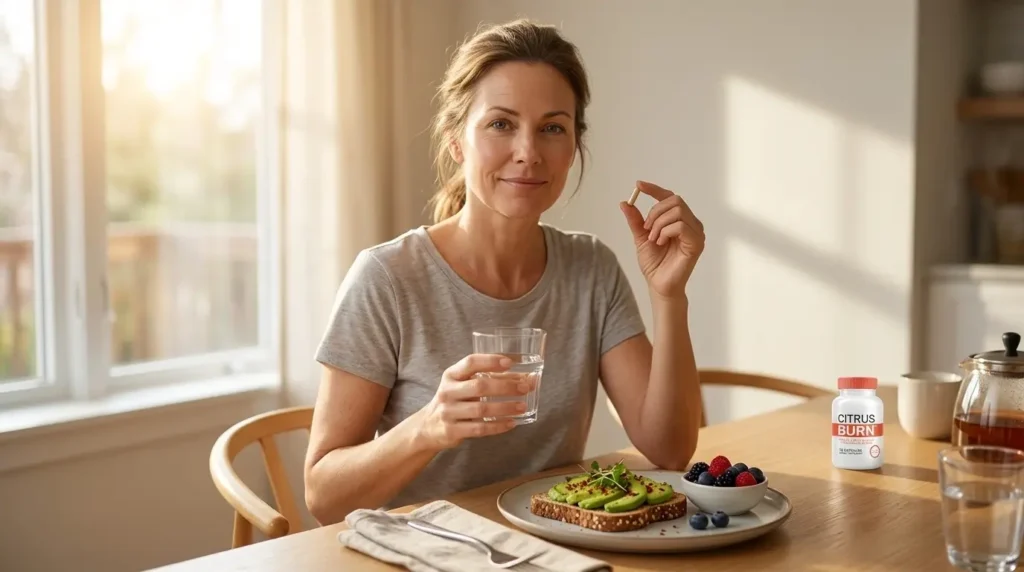 CitrusBurn side effects — woman safely taking CitrusBurn capsule with breakfast