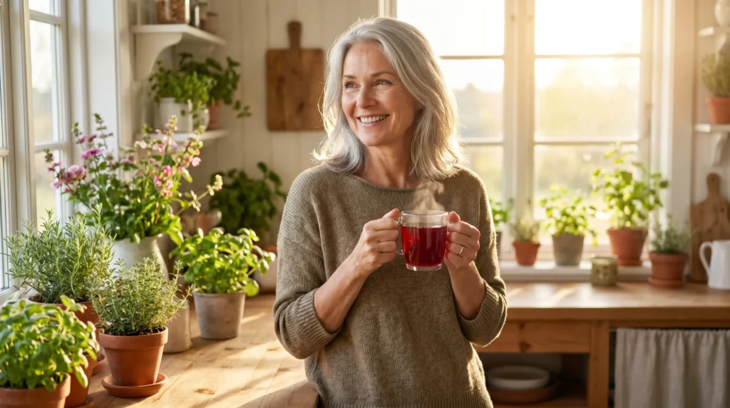 Cardio Slim Tea benefits for women over 50 – smiling woman in her 50s holding a warm cup of herbal tea