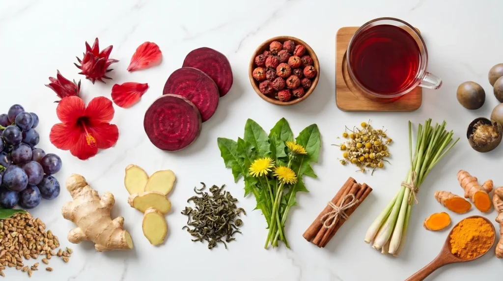Cardio Slim Tea ingredients – hibiscus, beetroot, hawthorn, ginger, green tea, and dandelion flat lay
