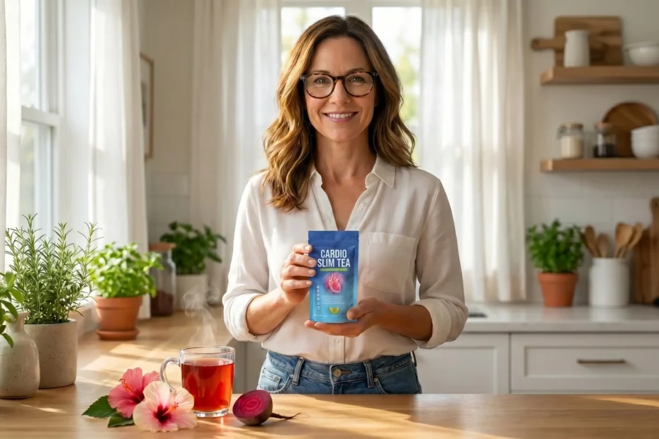 Cardio Slim Tea Review 2026 – Author holding the Cardio Slim Tea bottle in a bright kitchen