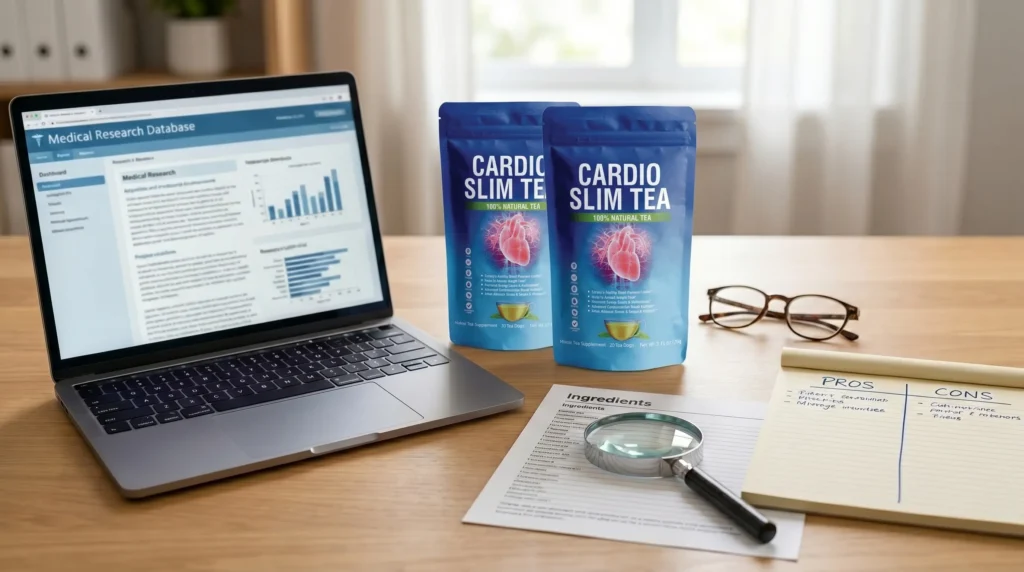 Is Cardio Slim Tea scam or legit – magnifying glass over Cardio Slim Tea bottle with research notes