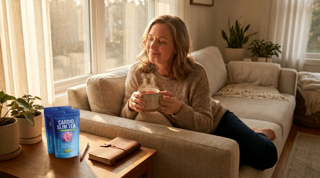 Cardio Slim Tea side effects – woman relaxing with herbal tea, calm and comfortable expression