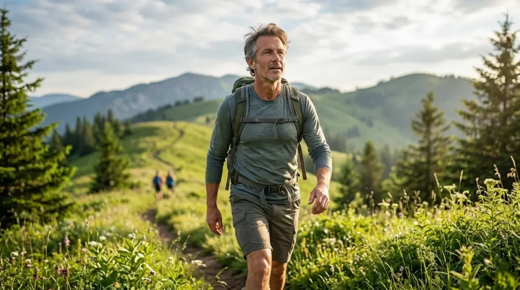 Active man hiking after using a lung health supplement for natural respiratory support and easier breathing