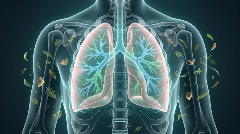 Natural breathing support illustration showing how Pulmo Balance ingredients support clear airways and lung health
