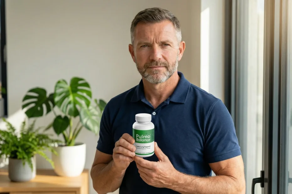 Man holding Pulmo Balance bottle for a lung health supplement review 2026 — natural breathing support