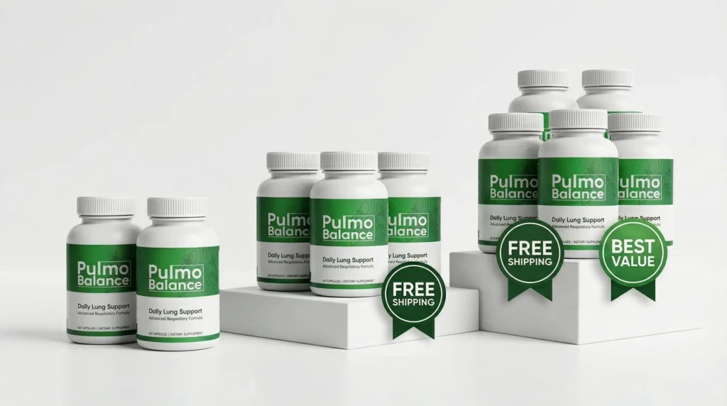 Bottles of Pulmo Balance review supplement representing the pricing tiers for the respiratory support supplement