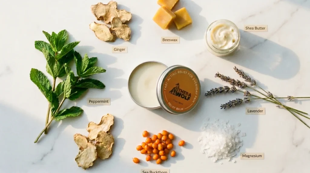 TheraWolf ingredients — botanical flatlay including MSM, peppermint, ginger, shea butter, and magnesium chloride
