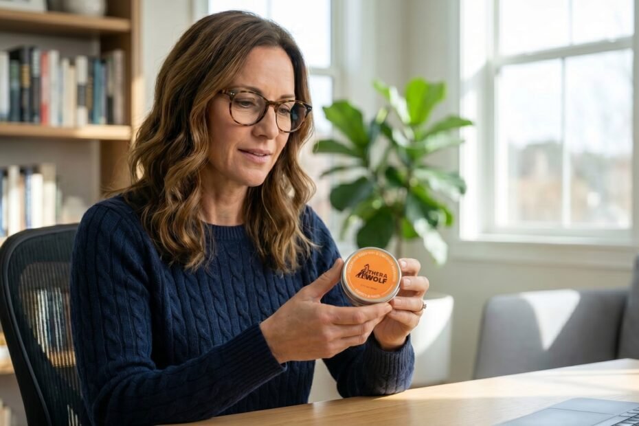 TheraWolf review 2026 — author holding the TheraWolf pain relief balm jar