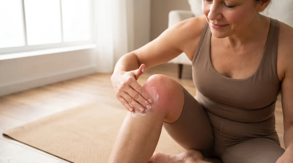 TheraWolf side effects — woman applying pain relief balm to knee with circular massage motion