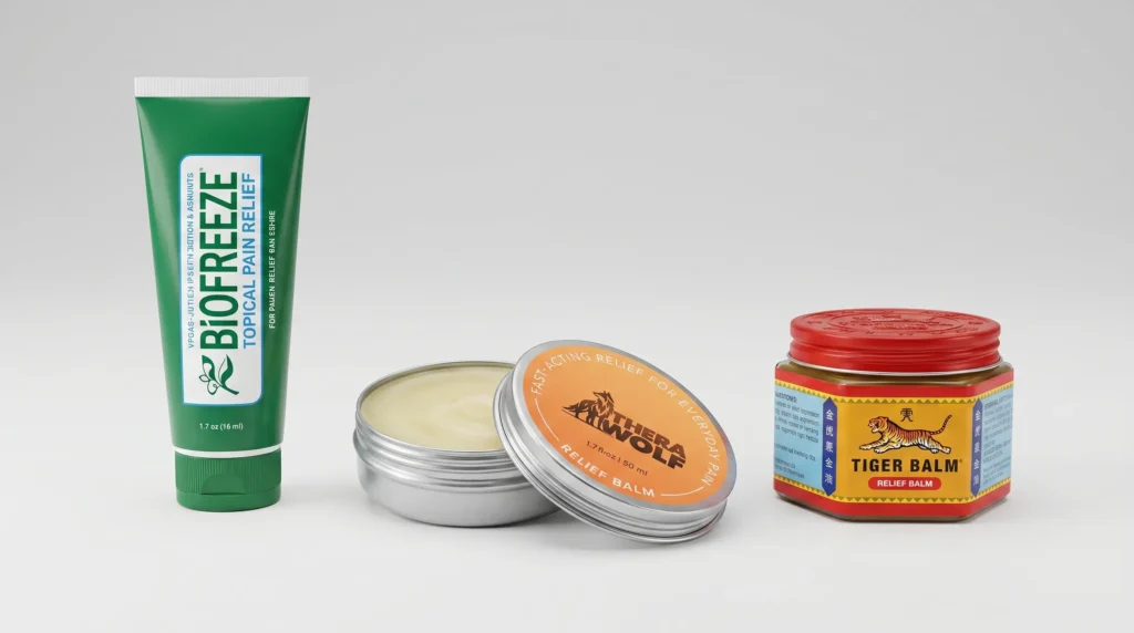 TheraWolf vs competitors — TheraWolf pain balm compared to Biofreeze and Tiger Balm side by side